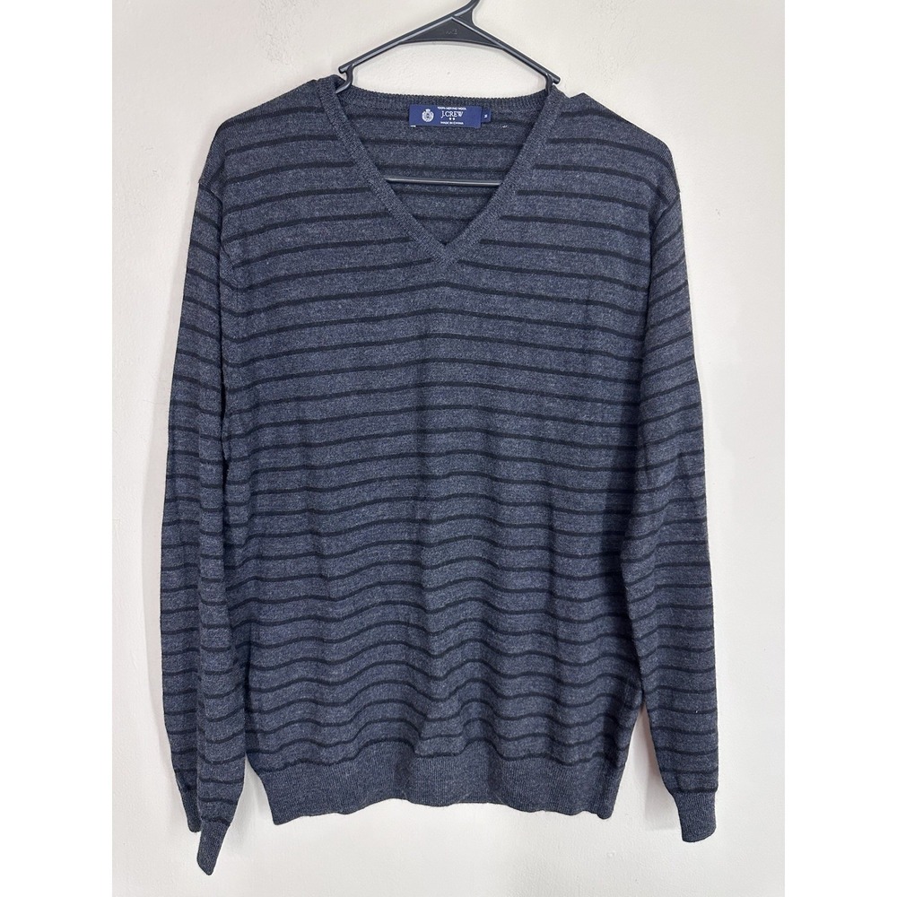 J.Crew 100% Merino Wool V-Neck Pullover Sweater Gray Brown Striped Mens MEDIUM